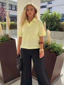 Jeta Ari 女式夏季纯色基本款 Polo 领宽松纹理短袖 T 恤 - 黃色 - 查看 5