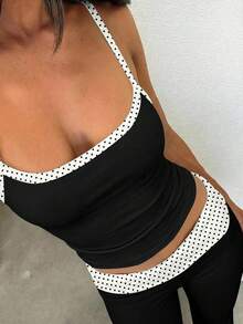 SHEIN EZwear 女士波点拼接吊带背心和裤子休闲简约套装，适合春夏外出穿着 - 彩色 - 查看 8