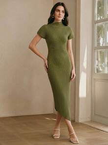 Anewsta 女士绿色高领针织连衣裙，适合初夏、度假、办公通勤穿着。 - 綠色 - 查看 3