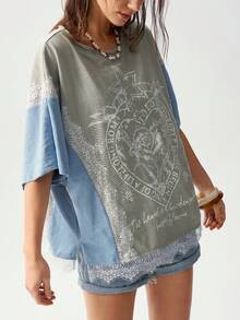 Bohemela 女士字母印花圆领宽松拼接撞色休闲T恤 - 彩色 - 查看 4