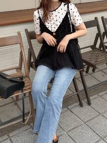 FRIFUL 女士黑色无袖拼接绒面褶皱设计宽松休闲百搭叠穿背心，秋季款 - 黑色 - 查看 5