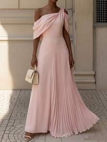 Firerie 优雅浪漫正式不对称领高腰褶皱 A 字连衣裙，适合舞会、派对、度假，粉色 - 粉色 - 查看 3