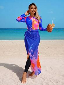 Swim Mulvari Set de 4 piezas de burkini de manga larga con cremallera y estampado tie-dye aleatorio, elegante para mujeres - Multicolor - Ver 5