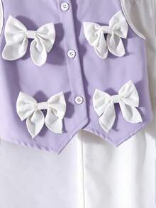 Young Girl' Set, Round Neck Top With Contrast Color Cuffs And Collar, Button Front Closure, Bow Decor, Paired With Straight Leg Casual Pants, Elegant And Fashionable Outfit - Purple - View 7