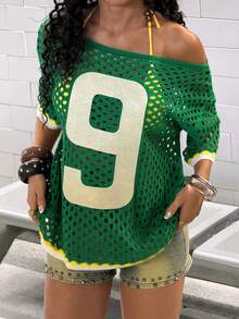 StreetHx Streetwear Women Solid Color Hollow Out Embroidered Digit Short Sleeve Knit Top - Green - View 7