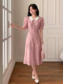 DAZY 女士优雅蕾丝花瓣袖中长连衣裙，夏季 - 淺粉色 - 查看 7