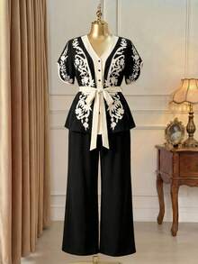 Rometta Bộ 2 món áo thun cổ chữ V thắt nơ eo đi nghỉ mát thường ngày và quần short, mùa hè - màu đen - Xem 2
