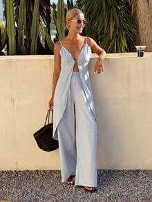 DAZY 两件套女士条纹吊带背心和阔腿裤休闲度假夏季套装 - 灰色 - 查看 6