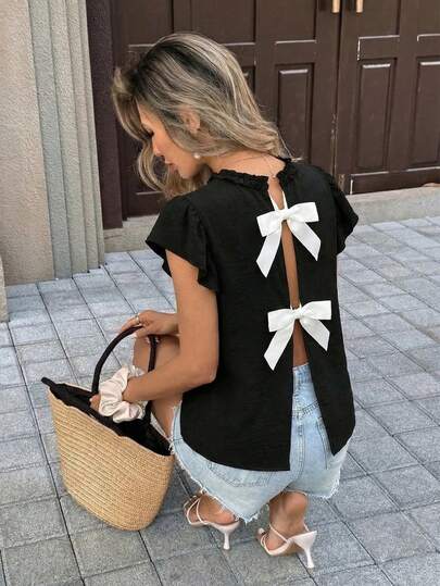 Pariaura Women's Summer Sweet & Cool Black & White Bow Backless Short Sleeve Frill Puff Sleeve Top, Suitable For Halloween Party, Christmas Gathering With Friends, Or Casual Wear Women Cute Tops Bow Tops For Women Cute Short Sleeve Tops Bow Shirt Tie Tops