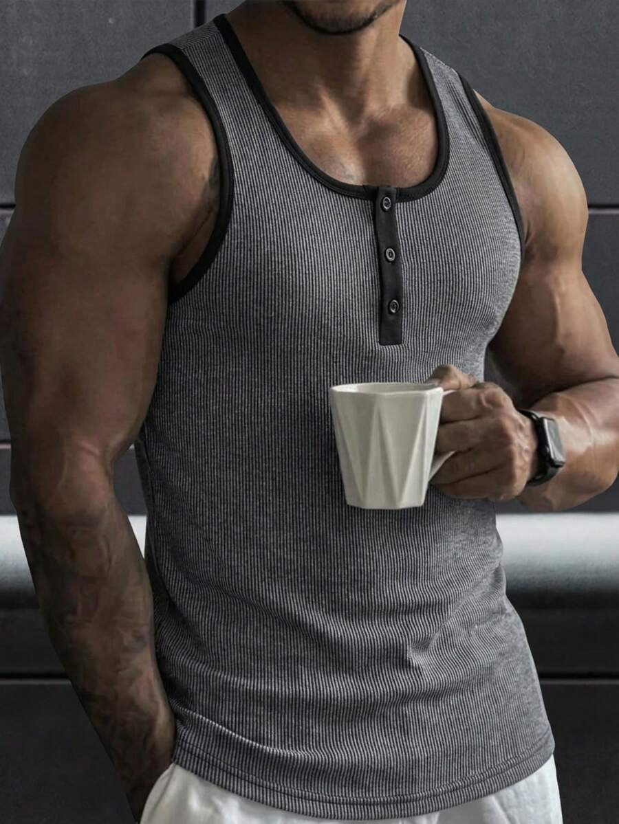 Manfinity Homme 男士无袖背心，半开襟纽扣设计，修身版型，黑灰条纹提花背心 - 深灰色 - 查看 1