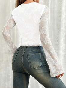 SHEIN EZwear Women's White V-Neck Lace Patchwork Retro Flare Sleeve T-Shirt, Spring/Summer - White - View 2