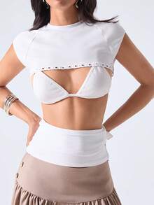LYSMO Áo thun nữ màu trơn, cài cúc rời, thời trang mùa hè. - trắng - Xem 6