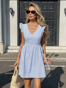 Pariaura 蓝白条纹V领喇叭袖连衣裙，收腰喇叭裙摆，露背花卉蕾丝拼接蝴蝶结系带，清爽夏日度假休闲短裙，女士连衣裙，女士夏季连衣裙，女装连衣裙，女士野餐连衣裙，女士吊带裙 - 藍色 - 查看 7