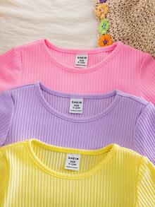 SHEIN Babygirl Cute Casual Solid Color Wavy Hem Short Sleeve Top, Multi-Color, Baby Girl - Multicolor - View 6