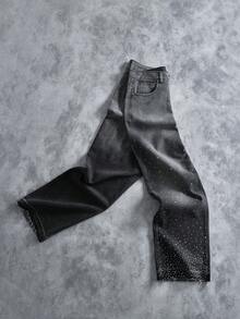 Manfinity EMRG 男士高街美式街头风渐变水洗水钻装饰宽松阔腿裤，送给男友和老公的完美节日礼物，男士水钻牛仔裤灰色宽松牛仔裤 - 黑色 - 查看 5