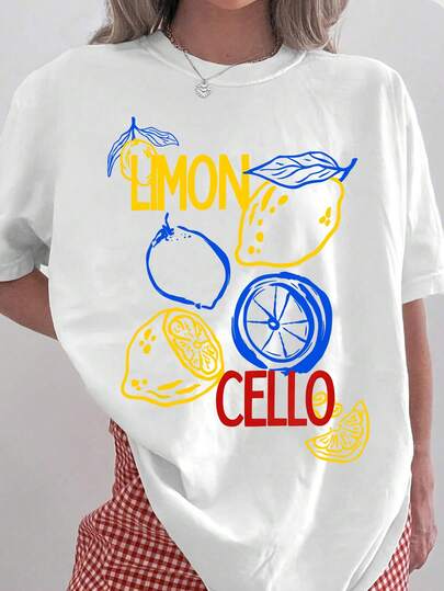 DrmWander Fresh Lemon Pattern Limoncello Slogan Printed Casual Plus Size T-Shirt