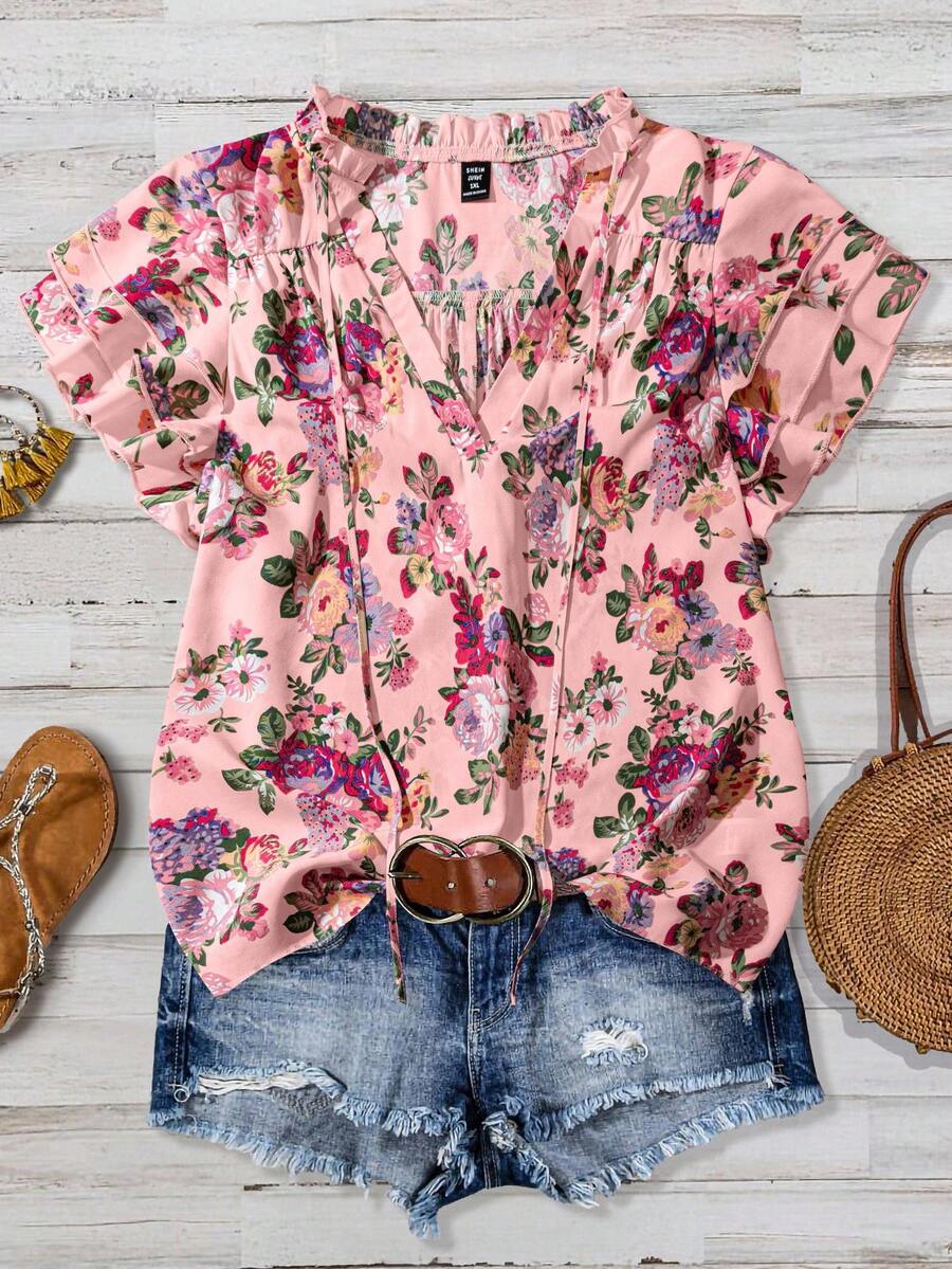 Linhara Plus-Size Women's Woven Casual Vacation Summer Shirt - Pink - View 1