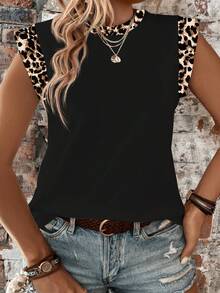 Selamara Áo thun đen dáng rộng, thoải mái, kiểu dáng thường ngày, với họa tiết da báo và viền tương phản ở cổ áo và cổ tay. - Nhiều màu - Xem 4