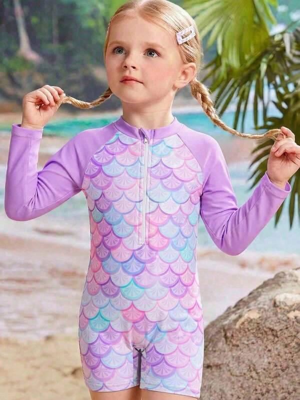 SHEIN Ombre Purple-Pink-Blue Mermaid Scale Print Elastic Fabric Comfortable One-Piece Swimsuit With Zipper, Raglan Sleeve Design, Suitable For Summer Beach, Pool, Vacation, Party Young Girls One-Piece Swimsuit, Long Sleeve Jumpsuit, Gradient Pink-Purple-Blue Base Color, Overlaid White Mermaid Scale Print Pattern With Sparkling Star Accent, Front Zipper Design, Fashionable Casual Elegant Lady Suitable For Swimming, Summer Vacation, Beach, Pool, Holiday Party Kids Swim Suit Long Sleeve Mermaid Swimsuit For Kids Kids Girl Rash Guard Purple Kids Swim Suit Swimsuit Long Sleeve With Zipper