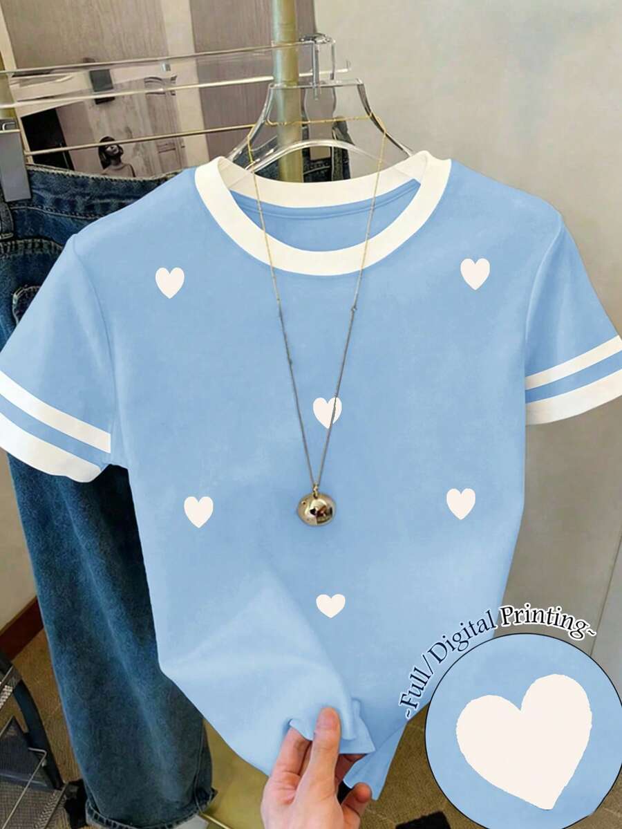 Áo thun ngắn tay cổ tròn in hình trái tim dành cho nữ tuổi teen, thích hợp mặc hàng ngày vào mùa hè, đi học, mặc cùng chị em gái, áo thun đi nghỉ mát cho tuổi teen, quần áo dễ thương cho thiếu nữ, áo thun in hình trái tim dễ thương. - Nhiều màu - Xem 1