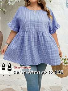 SHEIN CURVE+ 加大码女式格纹印花衬衫，适合春夏波西米亚风度假穿着，休闲娃娃风衬衫 - 藍色 - 查看 9