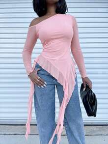 Alexandranx Romantic Spring Asymmetric Jellyfish Ribbon Ruffled Hem Asymmetrical Sloping Shoulder Short Sleeve Solid Color Tight Elastic See-Through Mesh Women's T-Shirt Pink Long Sleeve Top - Pink - View 4