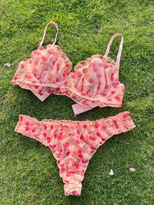 2 件套女士性感内衣：粉色牡丹印花网眼褶皱钢圈性感文胸搭配褶皱丁字裤性感内裤，可爱 - 粉色 - 查看 1