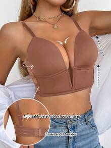 SHEIN 1pc Women Deep V-Neck Backless Bra - Brown - View 3