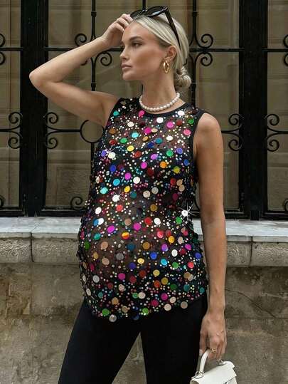 SHEIN Áo thun cổ tròn đính sequin nhiều màu sắc thời trang đa năng dành cho bà bầu