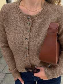 Jeta Ari 秋冬女士卡其色圆领长袖单排扣休闲短款羊毛针织厚开衫，短款毛衣，可爱毛衣，秋季女装，外出上衣，商务休闲女装，秋季毛衣，办公室着装，基本款毛衣 - 咖啡棕 - 查看 3