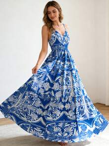 INAWLY 1 件装女士新款吊带露背蓝白碎花V领长连衣裙，收腰设计，多层裙摆饰以复古几何图案，飘逸下摆，优雅休闲，适合度假、通勤、外出等场合。 - 藍色 - 查看 6