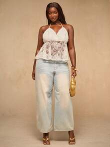 SHEIN BAE Plus Size Lace Patchwork Halter Neck Tie Seashell Tassel Blouse,White Summer Elegant Party Wedding Guest Boho Camisole Top,Textured Beach Vacation Top - Apricot - View 3