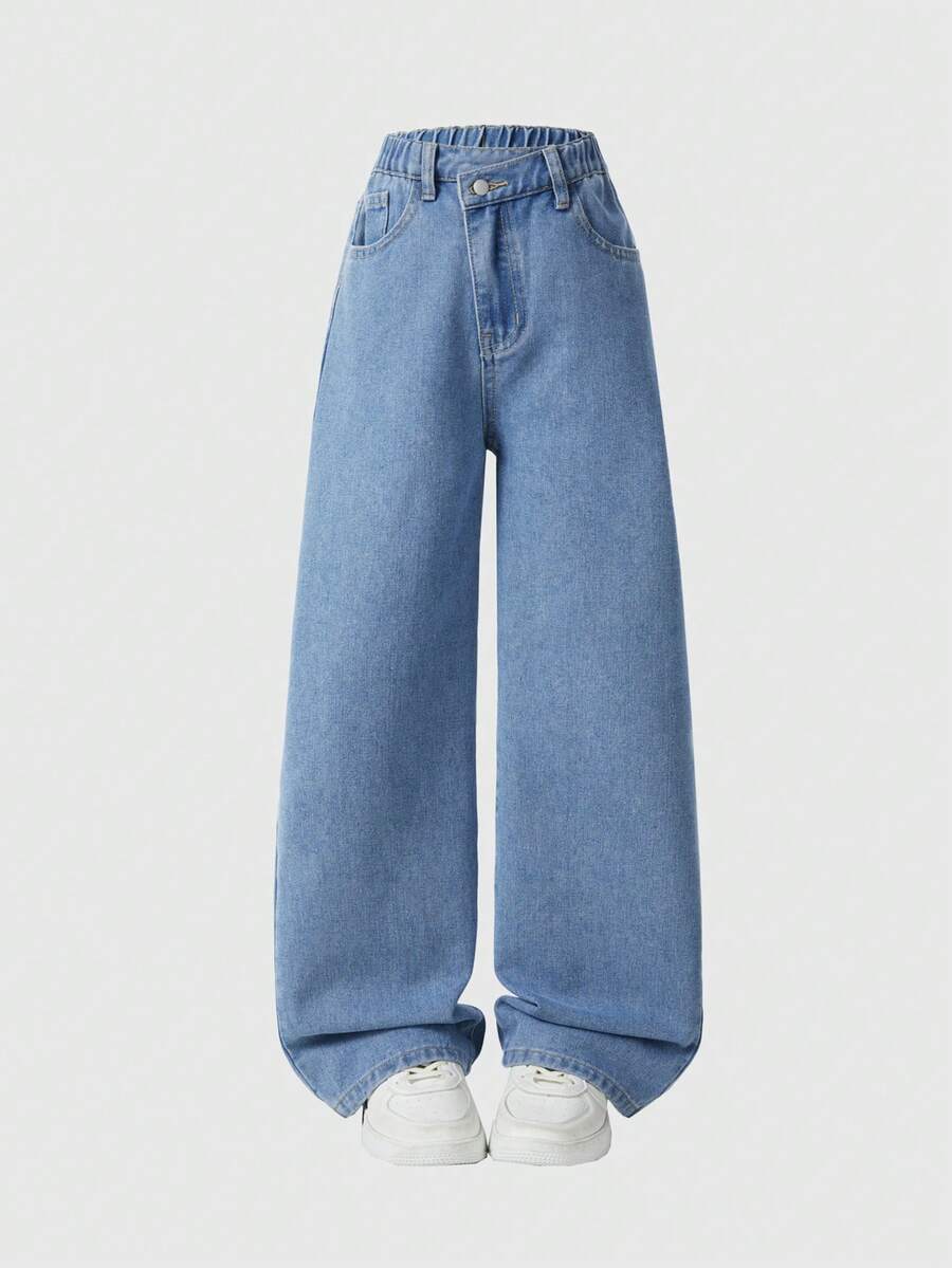 SHEIN Explorewe Streecool Tween Girl Fashion Cross Shaped Rhinestone Decor Wide Leg Jeans, High Waist Front Button Multiple Pockets Minimalist Mid-Rise Wide Leg Jeans, Casual Daily Wear - Light Wash - View 1