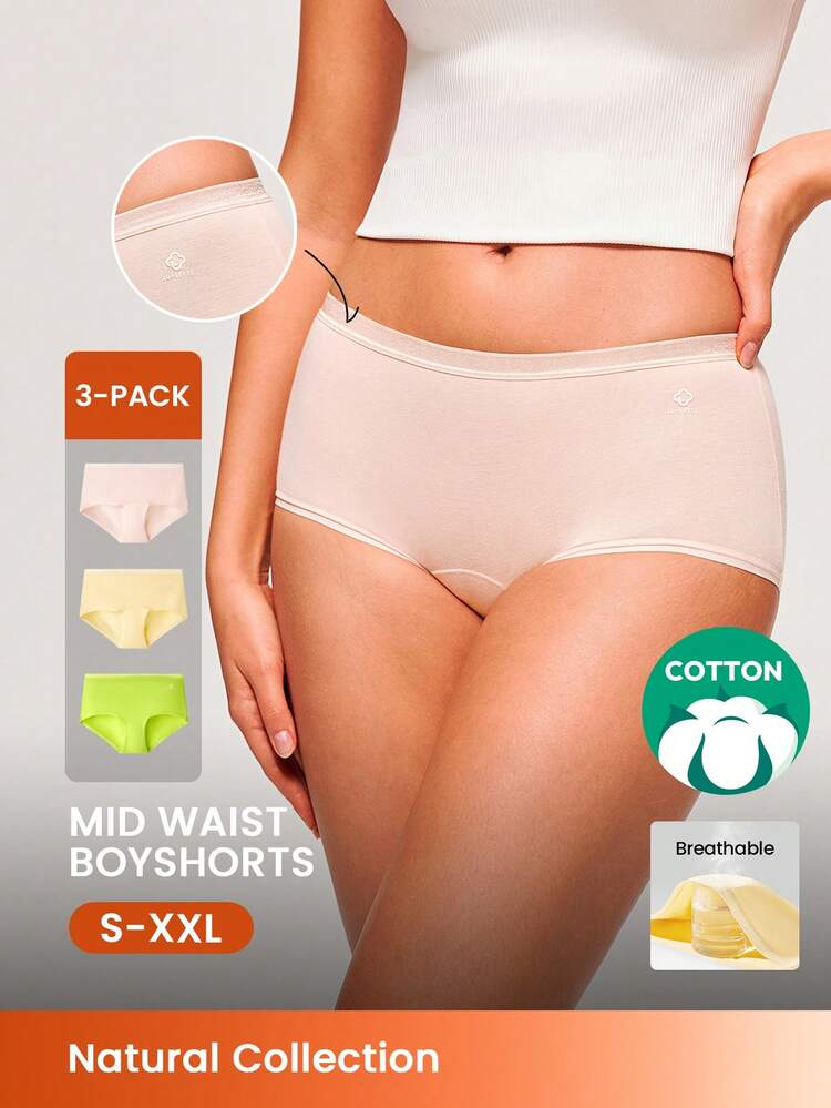 3-Pack Cotton Logo Mid-Waist Boyshorts Women Underwear Panties Set