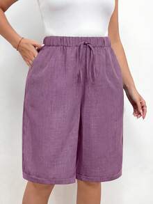 EMERY ROSE Plus Size Women Solid Color Drawstring Waist Pocket Casual Versatile Daily Wear Shorts - Dusty Pink - View 5