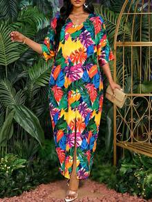 SHEIN Lady Women's V-Neck Leaf Print Casual Dress For Vacation Beach Cover Up Women's Cruise Outfit Women's Dresses Women's Beachwear Work Outfits For Women Women's Beach Cover-Up Dresses For Women Beach Vacation Outfits For Women Beach Cover Ups For Women Women's Beach Cover Up Elegant Women's Beach Cover Up Women's Clothing Dresses For Holiday Women's Clothes  Easter Outfit Women Easter Outfits Office Wear For Women Floral Dress For Women - Multicolor - View 4