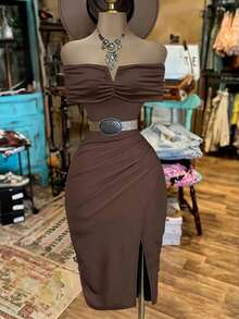 NostaNoir Đầm xẻ tà trễ vai màu trơn thời trang nữ - Cà phê - Xem 5