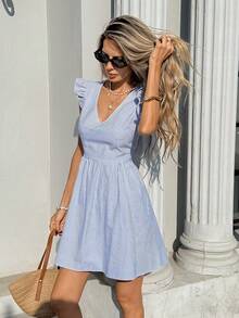 Pariaura 蓝白条纹V领喇叭袖连衣裙，收腰喇叭裙摆，露背花卉蕾丝拼接蝴蝶结系带，清爽夏日度假休闲短裙，女士连衣裙，女士夏季连衣裙，女装连衣裙，女士野餐连衣裙，女士吊带裙 - 藍色 - 查看 6