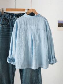 SHEIN Tween Girl Knight Pattern Striped Long Sleeve Single-Breasted Casual Shirt - Blue - View 2