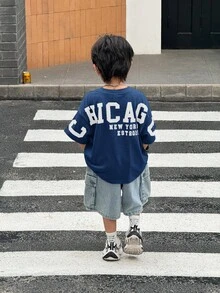 SHEIN Little Byeori 1pc Young Boys Loose Round Neck T-Shirt With Back Letter Print,Casual Japanese & Korean Style Summer 80s Career Day Back-To-School Kids Outfits - Navy Blue - View 5