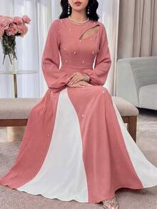 Modelyn 女士优雅双色拼接泡泡珠镂空腰A字连衣裙长款女装晚礼服 - 紅色 - 查看 6