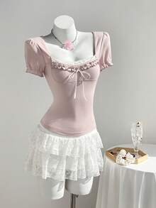 Elamini Maglietta casual da donna con scollo quadrato, arricciatura in pizzo e fiocco decorativo a contrasto di colore - Rosa - Visualizzare 6