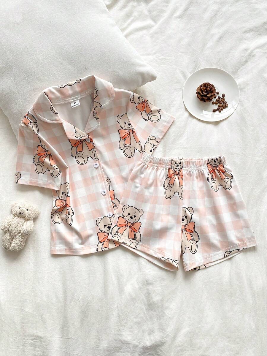 SHEIN 女童黄白格子蝴蝶结小熊印花翻领短袖短裤套装,阻燃家居服 - 黃色 - 查看 1