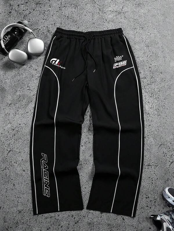 Sport MetroGents Pantalones deportivos casuales diarios de hombre con estampado de letras y cintura con cordón