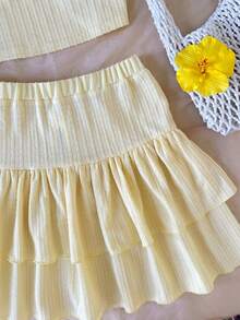 SHEIN Tween Girls Spring & Summer Sleeveless Knit Jacquard Textured Camisole Top With Ruffle Hem A-Line Skirt Shorts 2-Piece Set, Light Yellow - Yellow - View 3