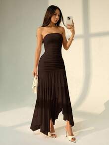 SHEIN PETITE 女士不对称下摆荷叶边无肩带连衣裙，适合约会和婚礼季，夏季女士连衣裙 - 棕色 - 查看 6