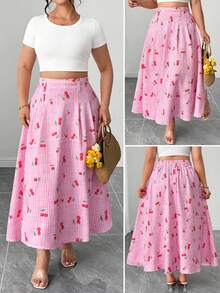 Elenzga Plus Size Women Cute Cherry Print Versatile A-Line Skirt - Multicolor - View 3