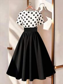 GlowEve CURVE Plus Size Elegant Commuter Color Block Polka Dot Print Patchwork Dress - Black and White - View 2