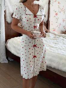 CottageSlumber 女士翻领针织修身睡裙，饰有蝴蝶结和心形印花 - 白色 - 查看 5