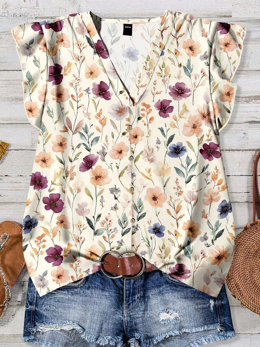 Rusticease Women's Casual Ditsy Floral Shirt, Suitable For Summer,Summer Outfit For Women,Festival Outfits,Casual Top For Women,Vacation Outfits Women,Holiday Outfits,Country Style For Women,Ruffle Top,Floral  Top - Multicolor - View 1